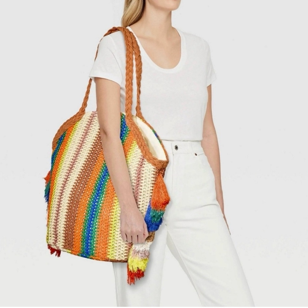 Shade & Shore Beach Bag Brown Pink Straw Blue